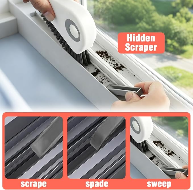 4-Pack 2-in-1 Groove Cleaning Brush with Hidden Scraper, Hard Bristle Window Track Cleaning Tool, Crevice & Grout Scrubber for Sliding Door Tracks, Sink Edges, Shower Door Grooves