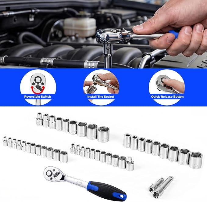 Prostormer Mechanic Tool Set, 219-Piece Basic Hand Tool Kit | 1/4" & 3/8" SAE and Metric Sockets, with Aluminium Tool Box, General for Home Repair & Car Maintenance