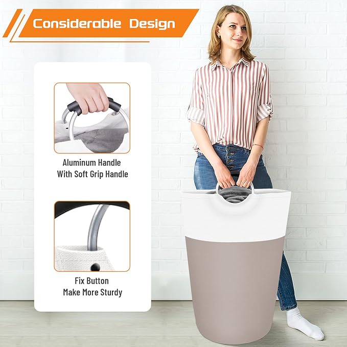BlissTotes 90L Laundry Basket, Freestanding Collapsible Hamper, Brown | Collapsible Dirty Clothes Hamper, Foldable Laundry Bag for Dorm, Waterproof Fabric, Padded Aluminum Handles