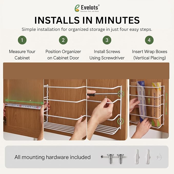Evelots Kitchen Wrap & Food Bag Organizer Basket, Wall or Cabinet Door Mount, 1-Pack - White