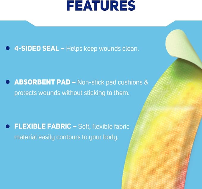 Care Science Color Splash Fabric Adhesive Bandages, Assorted Sizes, 102 ct | Flexible + Breathable Protection for First Aid and Wound Care.