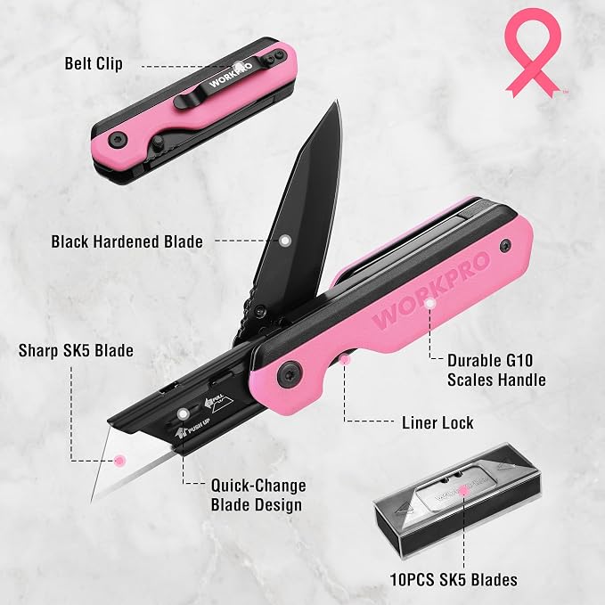 WORKPRO 2-in-1 Folding Knife/Utility Knife, Wood Handle, G10 Handle | Quick-Change Box Cutter, Liner Lock, Belt Clip, 10 SK5 Blades, Carton Cutting, Camping, Hiking, DIY Projects, Pink Ribbon