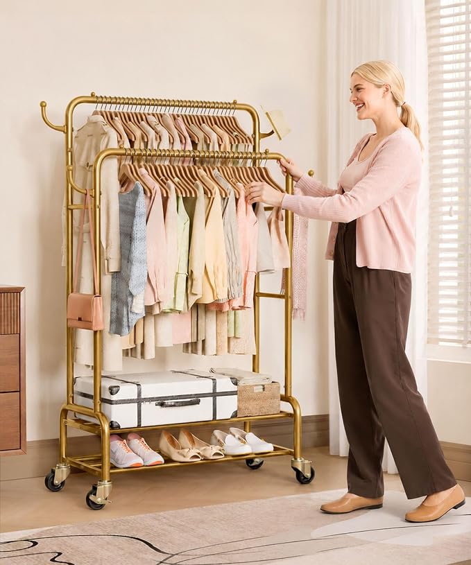 Homde Heavy Duty Clothes Rack: 265lb Rolling Double Rod Garment Hanging - Metal Coat Organizer Storage Display Shelf on Wheels for Bedroom Laundry