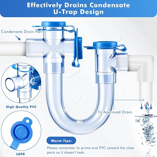 1 Pack 3/4 Inch Standard Condensate Trap with Cleaning Brush, PVC U Trap for HVAC Systems, Air Conditioner, Effectively Drains Condensate (Clear)
