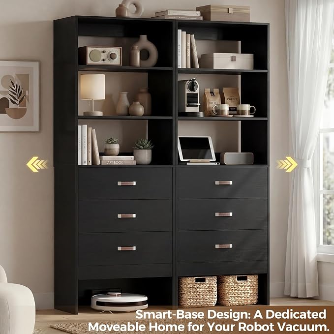 Armocity 4FT Closet System with Leather Handles, 48" Walk-in Closets Storage Unit with Cabinet, Wood Wardrobe Closet Organizer and Storage with 6 Drawers, Set of 2, Black