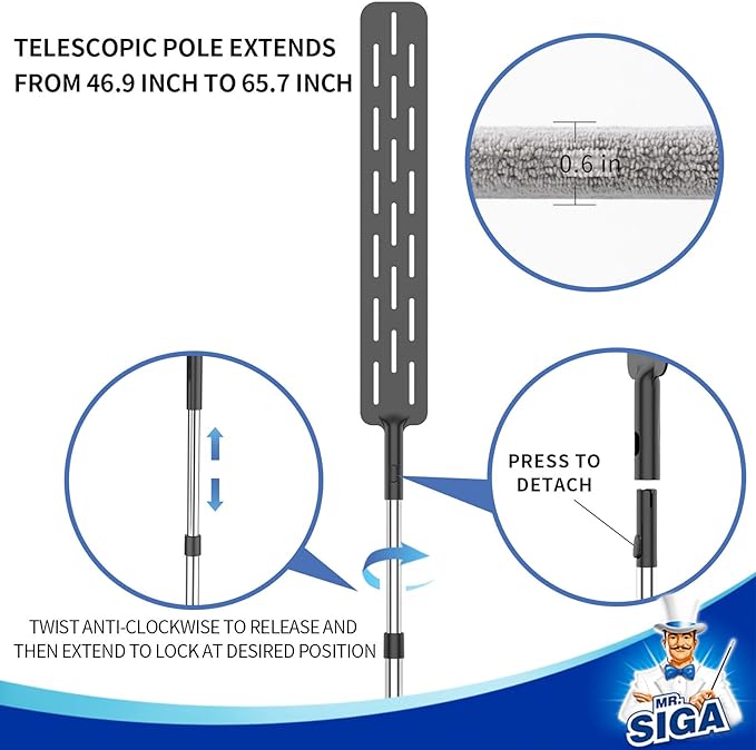 MR.SIGA Microfiber Gap Duster with Stainless Steel Adjustable Handle | Extendable pole, washable microfiber head