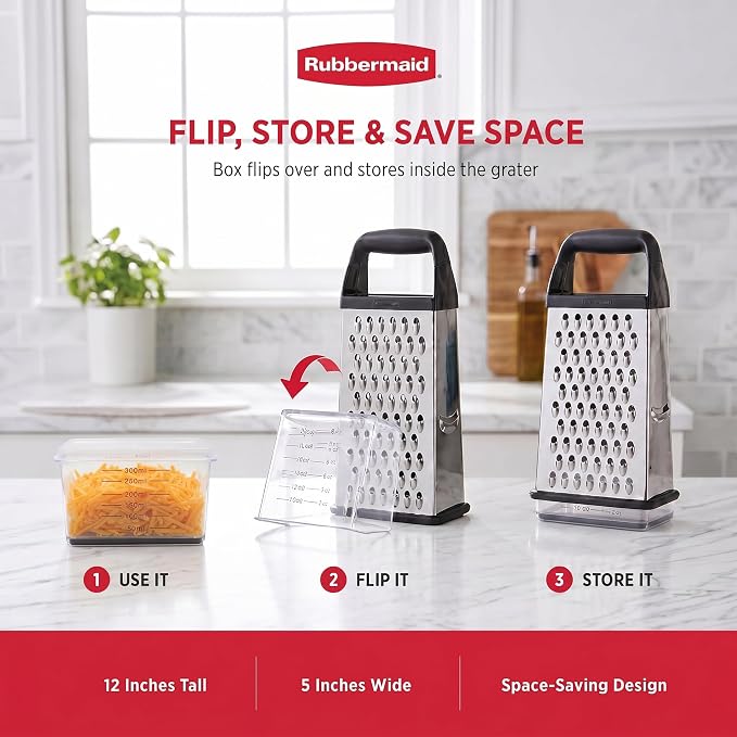 Rubbermaid EZ Grip Box Grater, Stainless Steel Cheese Grater & Container - BPA Free Multi-Surface Cheese Shredder & Food Grater for all Vegetables | Graters for Kitchen -Non-Slip Base, Dishwasher Safe