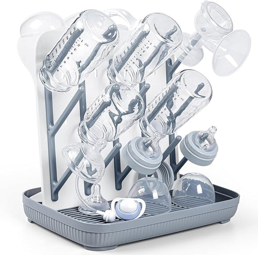 Termichy Baby Bottle Drying Rack：Large Vertical Space Saver for Countertop | With 15 Hooks - Quick-Dry Holder for Nipples, Teethers & Breast Pump Parts -Newborn Essentials Must-Haves Grey
