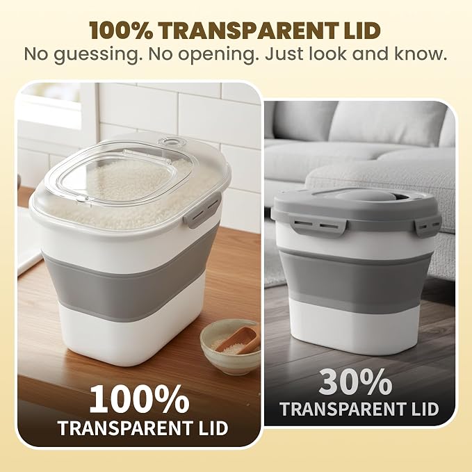HOYTAMDAR 50Lbs Collapsible Rice Container,Airtight Food Storage container | Clear Lid Rice Storage Container with Double Seal,Wheel,Date Tracker,2pcs Bins&Scoop,Rice Dispenser for Pet Food Rice Flour