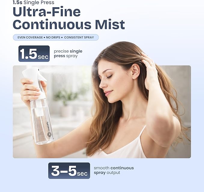 Continuous Spray Bottle for Hair – Fine Mist Water Sprayer 10oz (300ml), Refillable for Hair Styling, Continuous Mist for Plants, Cleaning, Skincare & Petcare, BPA-Free, Leak-Proof, 360° Mist