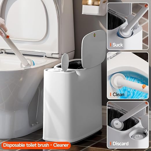 CTIME Bathroom Trash can Set, 2 Gallon White Small Trash Can with Lid, Disposable Toilet Brush, Storage Caddy and 12 Refills, Slim Garbage Can for Bathroom, RV