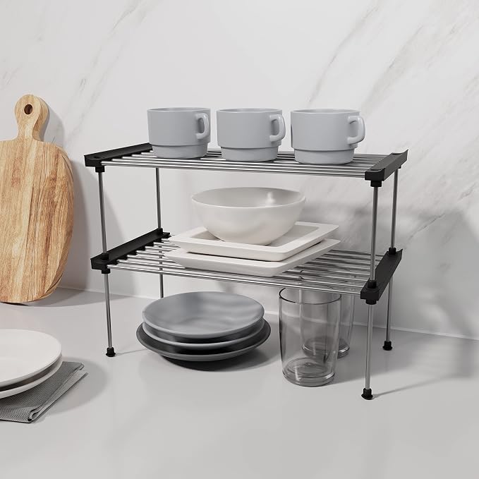 carrotez Set of 2 Stackable Cabinet Organizer Shelf 15.7 x 7.8 x 6.1 Black | Kitchen Counter Shelves, Kitchen Cabinet Organizers and Storage, Pantry Storage Shelf Organizer