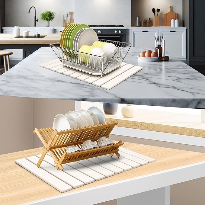 2Pcs Large Stone Dish Drying Mat for Kitchen Counter, Foldable Super Absorbent Diatomaceous Earth Mats with Anti-Slip Leather Base, Quick Drying Modern Dish Mat (White, 24"x 16" & 8"x 4" )