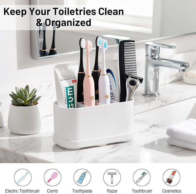 Luxspire Toothbrush Holders for Bathrooms, Silicone, 5 Slots, White | Toothbrush Organizer with Suction Cup Tray, Toothbrush Holder with Drainage for Bathroom Countertop