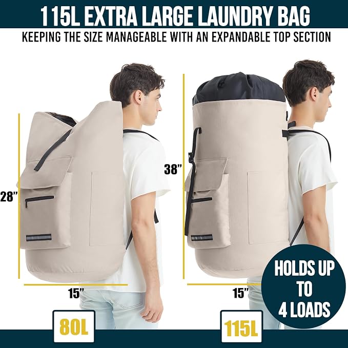 Laundry Bag Extra Large 115l, Heavy Duty Laundry Backpack, College Laundry Bag with Straps, Backpack Laundry Bags with 4 Pockets, Dorm Essential, Laundry Bags for Dorm Room, Apartment, Laundromat