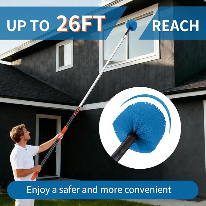 Cobweb Duster with Extension Pole, Dense Soft Bristles & Efficient Dust Removal, High Reach Cleaning 5-20FT Adjustable to 26FT, Indoor Outdoor for Ceilings/Corners/Fans