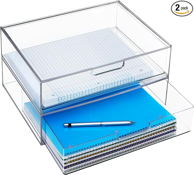 STORi STAX Plastic Stackable Organizer Drawers (Set of 2) Clear | 12.5" Wide | Set Includes Two Open Drawer | Organize Office Desk Accessories & Sort Paper | Made in USA
