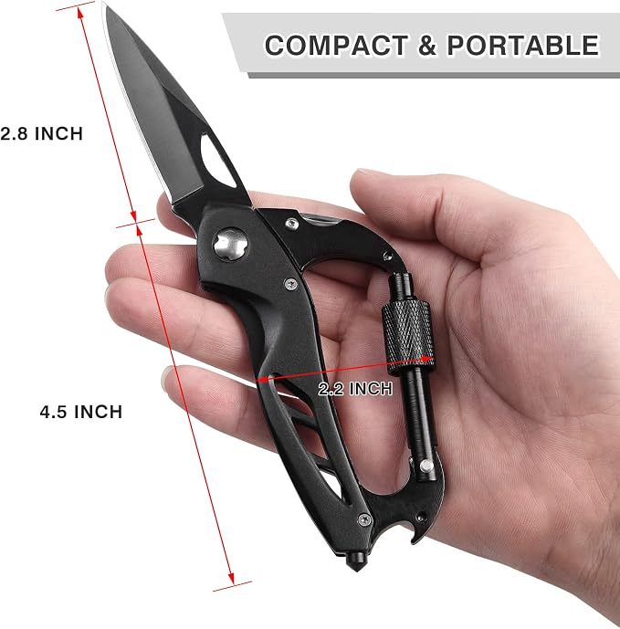 FUNBRO Multitool Carabiner with Pocket Knife, Bottle Opener | Stocking Stuffers Gifts for Men, EDC Carabiners with Folding Knives, Window Breaker and Screwdriver, Gear for Camping Hiking