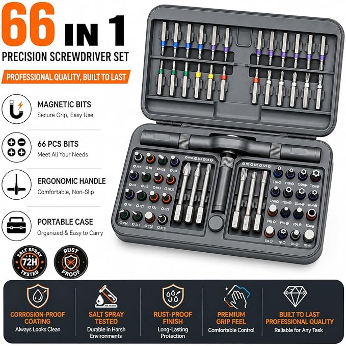 DYLIFE 66 in 1 Magnetic Ratcheting Screwdriver Set with Detachable Handle | S2 Steel Bits, Flexible Shaft for Electronics, Computer, Furniture, Bike, DIY