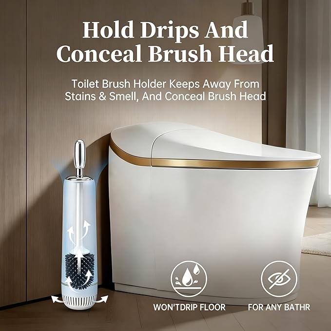 Toilet Bowl Brush and Holder Set, Plunger and Brush Set with Long Handle, High-End Modern Silicone Toilet Brush Set, Non-Scratch, Odor-Free Design(Matte White + Silver, B)