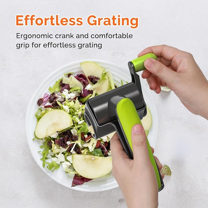 UHIYEE Patented Rotary Parmesan Cheese Grater, Hand Crank Cheese Shredder with Fine & Coarse Drums, Restaurant Quality, White, Stainless Steel & ABS, Dishwasher Safe, Gray Green