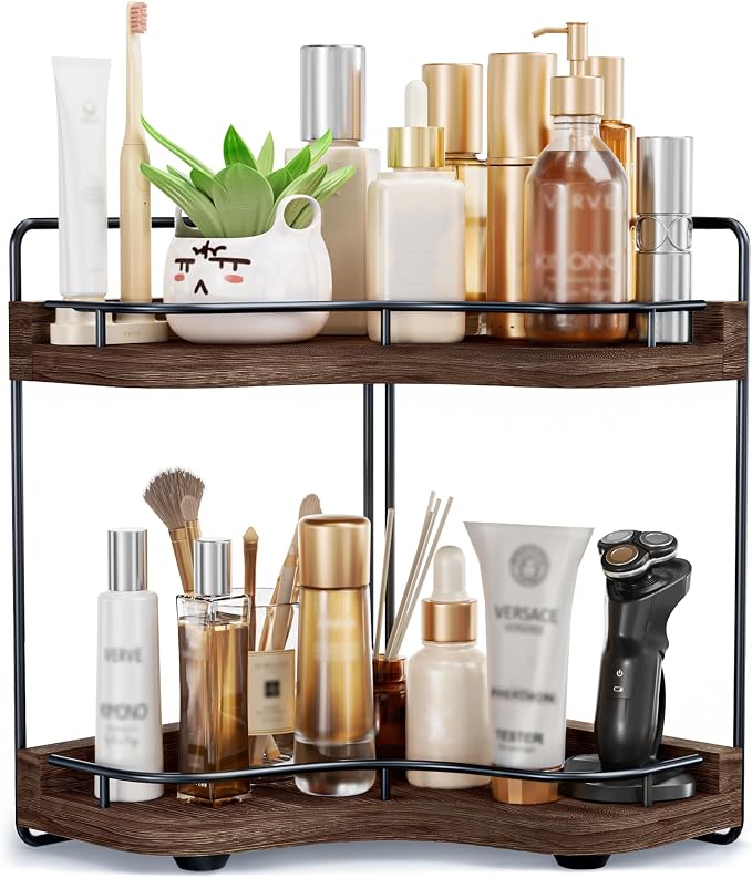 2-Tier Corner Bathroom Counter Organizer, Larger Size | Embedded Screw Holes, Sturdy & Stable, Oversized, Holds More, Vanity Shelf for Makeup & Skincare, Dark Brown