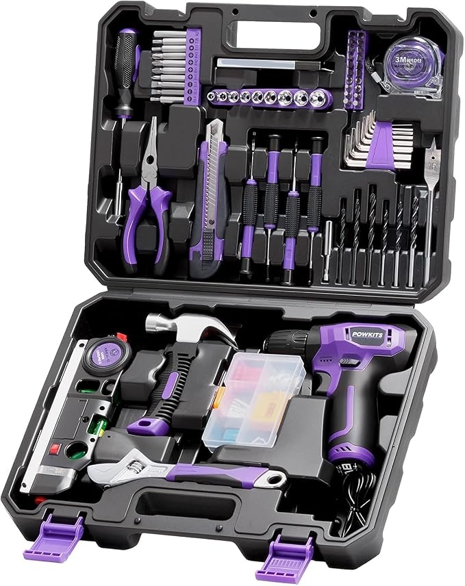 8V Cordless Drill, Purple Power Drill with Drill & Screw Bits Set, 3/8" Keyless Chuck, Rechargeable Electric Drill Tool Kit for Home Repairs, DIY Hand Tool,139PCS Tool Set for Women & Men