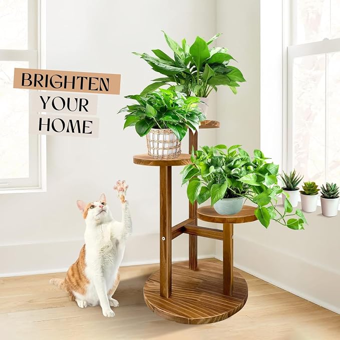 GEEBOBO 3 Tier Plant Stand Indoor, Tiered Wood Plant Stand for Indoor Plants, 21" Height Space Saving Small Corner Plant Shelf, Plant Stands for Tabletop, Balcony, Living Room (Brown)