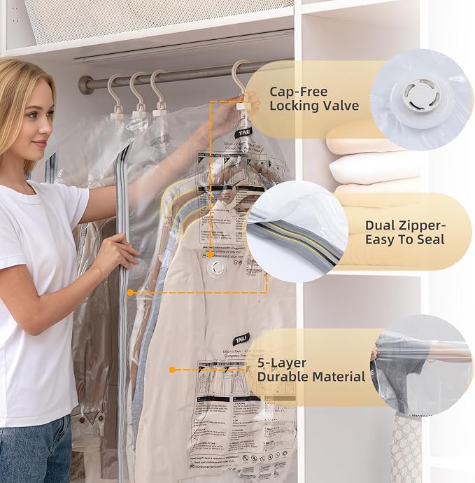 TAILI Hanging Vacuum Storage Bags, Space Save Vacuum seal bags for Clothing Travel, Suits and Jackets, Winter Coat Storage Closet Organizers, Set of 4 (2 Long, 2 Short), Clear