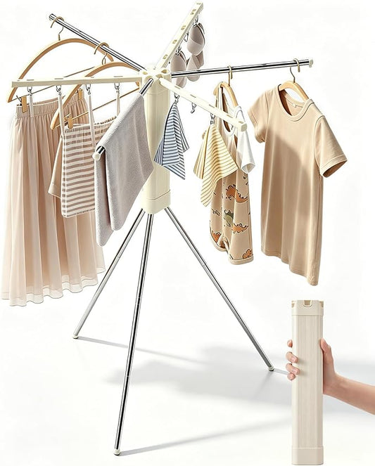 Foldable Tripod Clothes Drying Rack for Travel, Camping with 3 Tent Pegs | Portable Drying Rack Clothing Laundry Drying Rack for Balcony, Hotel, Apartment. Steel Frame with 12 Clips, Windproof