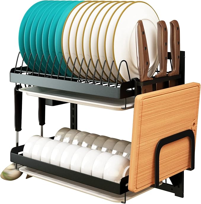 Wall Mounted Stainless Steel Dish Drying Rack Fruit Vegetable Storage Basket with Drainboard and Hanging Chopsticks Cage Knife Holder Kitchen Supplies Shelf Utensils Organizer (2-Tier)