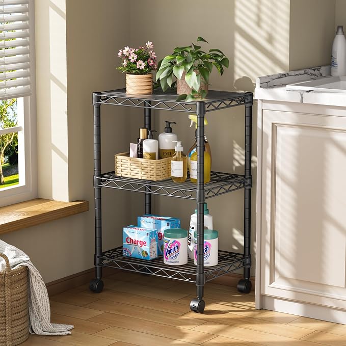 Golpart 3Tier Adjustable Storage Shelves Metal Wire Shelving Standing Shelf | Utility Heavy Duty Unit Rack Closet Organize for Home Kitchen Laundry Room Organization Pantry 11.6"Dx17.6"Wx30"H Black