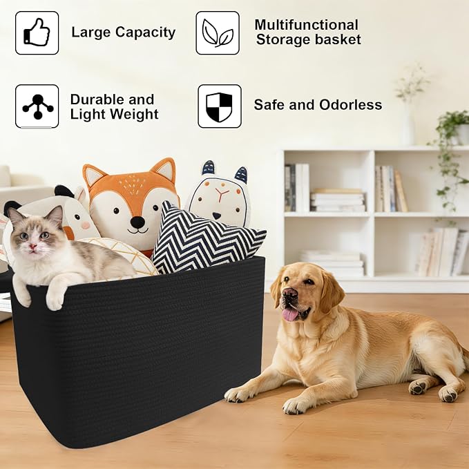 96L Woven Laundry Basket with Handles, Extra Blanket Basket,Black | 24"×16"×15" Collapsible Cotton Rope Storage Basket for Toys Clothes & Pillows, Nursery, Bathroom, Bedroom, Living Room