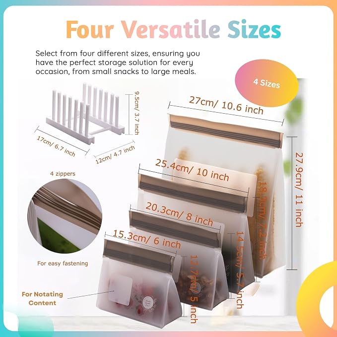 Reusable Food Storage Bags – 10-Pack Stand-Up, BPA-Free, Freezer, Dishwasher Safe & Eco-Friendly – 5 Gl, 5 L Bags – Airtight Leakproof Ziplock Bags for Kitchen Storage (Grey)