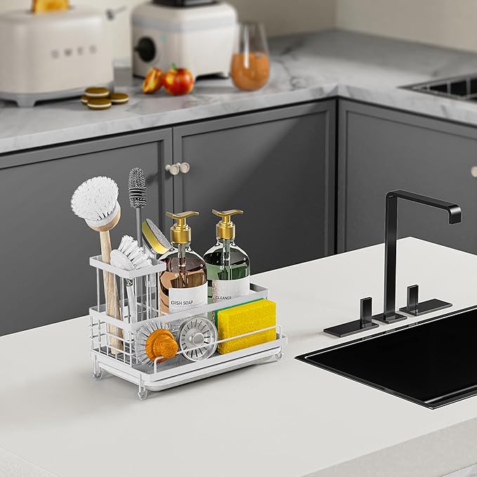 Cisily Sponge Holder for Kitchen, Sink Caddy Organizer, Kitchen Sink Accessories with Drip Tray, Rustproof and Non-slip Kitchen Sink Sponge Holder (White stand with brush holder)