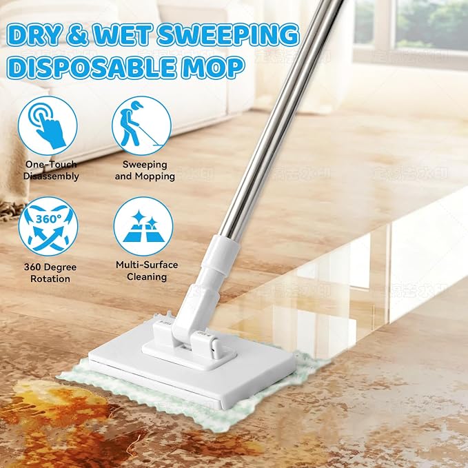 Upgraded Zero Touch Snap Grip Mini Mop, Hands Free Push Pull Handle, Easy Cloth Change Portable Cleaner for Kitchen Bathroom Car, 1 Mop & 10 Reusable Washable Cloths