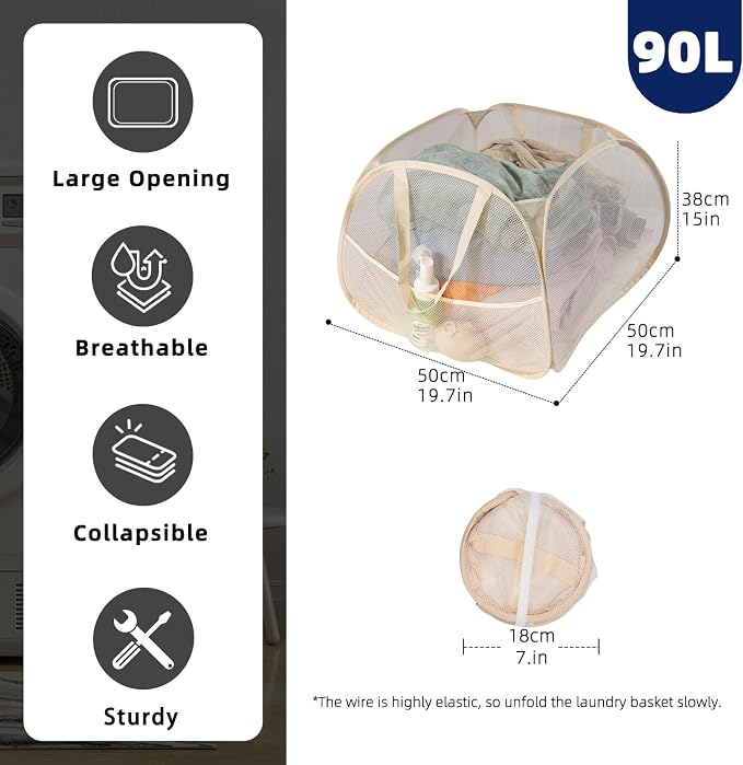 Collapsible Laundry Basket 90L, Mesh Pop-up Hamper, Beige 2PCS | Foldable Laundry Basket, Side Storage Pocket, Handles, Dirty Clothes Hamper for Bedroom, Bathroom, Dorm, Travel, Camping