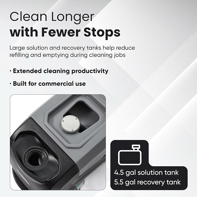 Battery Powered Walk Behind Floor Scrubber Buffer Polisher Machine with Foldable Handle 15 inch Brush 19 inch Squeegee Width 4.5 gal Tank Includes a Hard Brush and 3 Scouring pads