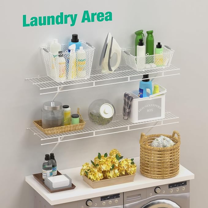 HAUSHOF Closet Shelves Wall Mounted 4-Pack, 4 ft x 12in White Wire Shelving for Laundry Room, Closet, Basement Organization and Storage