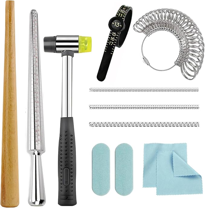 Ring Sizer Measuring Tool Metal Ring Mandrel and Mallet for Ring Making Ring Size Measurer Ring Shaper to Fix Bent Rings Jewelry Sizing Reshaper Repair Kit with Hammer (12-Ring Sizer Tool)