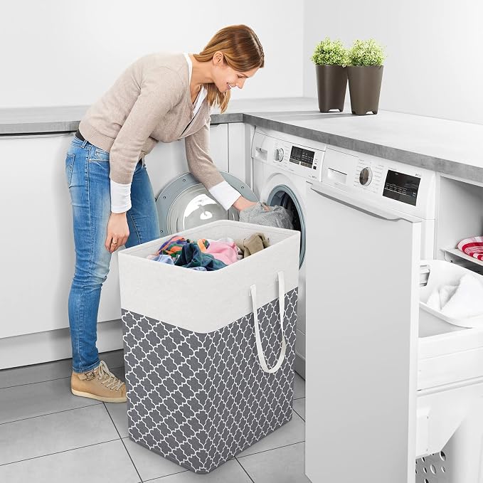 StorageRight Laundry Basket Hamper, 100L Clothes Storage, Clover Grey | Freestanding Clothes Hampers, Foldable design, with Easy Carry Handles, For Laundry, Bedroom, Dorm, Clothing, Towels, Toys