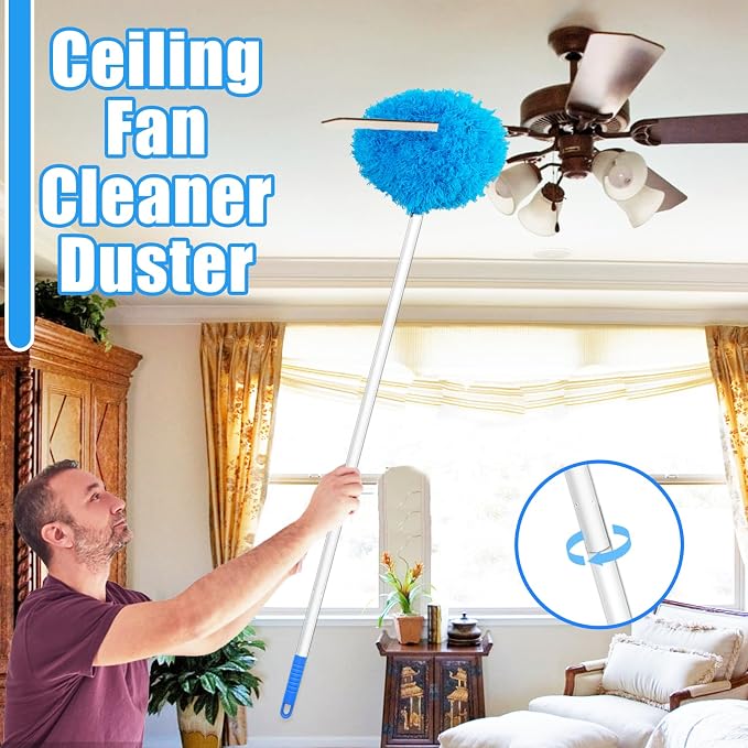 2 Pack Ceiling Fan Cleaner Duster,Reusable Microfiber High Ceiling Fan Blade Cleaner with Removable Extension Pole 13 to 50 Inch for Cleaning,Bookshelves,Door,Window Top,Furniture