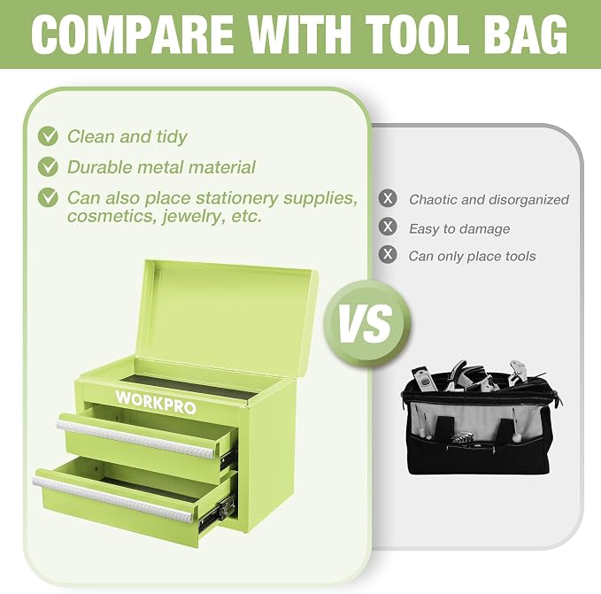 WORKPRO Metal Mini Tool Box with 2 Drawers and Top Storage | Cold Rolled Steel Toolbox, Ball Bearing Slides, PVC Drawer Liners, PP Feet Pads, Durable Storage