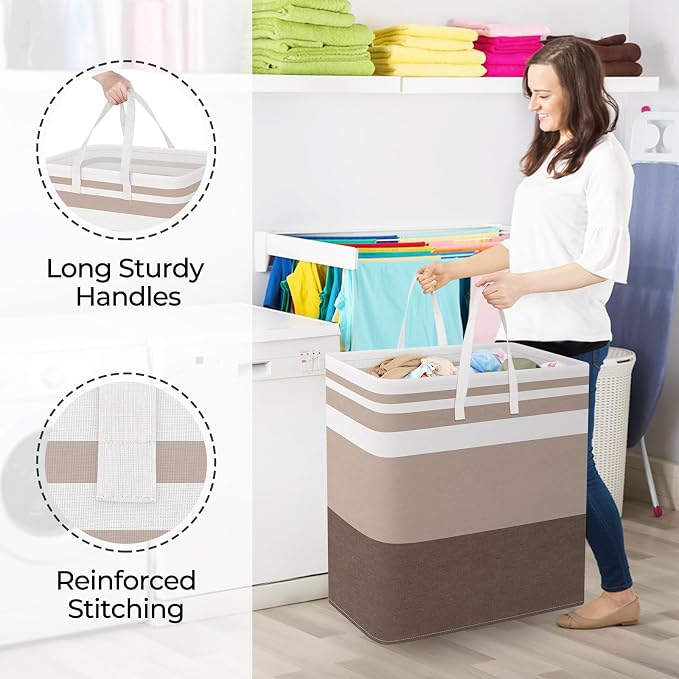 StorageRight Laundry Basket Hamper, 125L Collapsible Clothes Storage, Khaki | Freestanding Clothes Hampers, Foldable design, with Easy Carry Handles, For Laundry, Bedroom, Dorm, Clothing, Towels, Toys