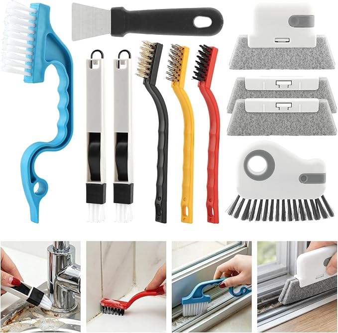 13 Pcs Window Track Cleaning Tools Set, Multifunctional Window Groove Cleaning Brush Kit, Hard Bristle for Sliding Door, Sill, Tile Lines, Shutter, Corner, Grout, Sink