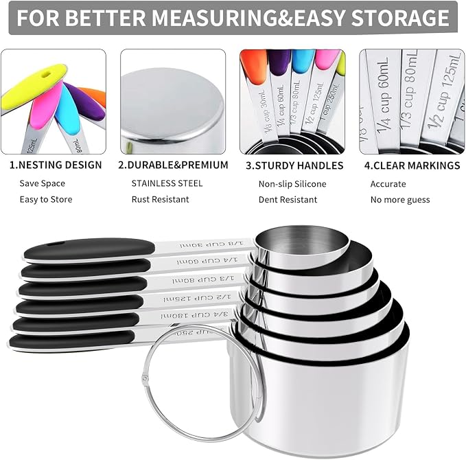 TILUCK Stainless Steel Measuring Cups and Spoons Set with Silicone Handle – Nesting Design for Space-Saving, Heavy Duty & Dishwasher Safe for Dry/Liquid Ingredients, Cooking & Baking (13)