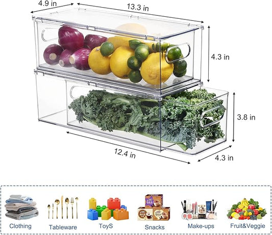 Fridge Drawer Pull Out Stackable Bins, Clear Refrigerator Stackable Organizers, Fridge Organizer Storage for Kitchen, Pantry, Vegetables, Fruits (2 Small)