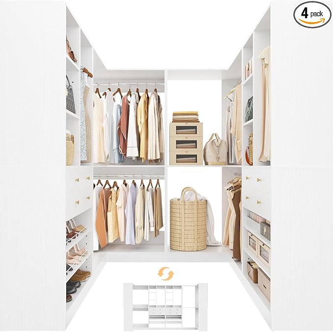 Besiost Closet System with 4 Drawers & Corner Tower, Closet Organizer System with 4 Hanging Robs, Reversible U Shaped Walk-in Closet System, Load 2600+LBS Capacity, Set of 4, White