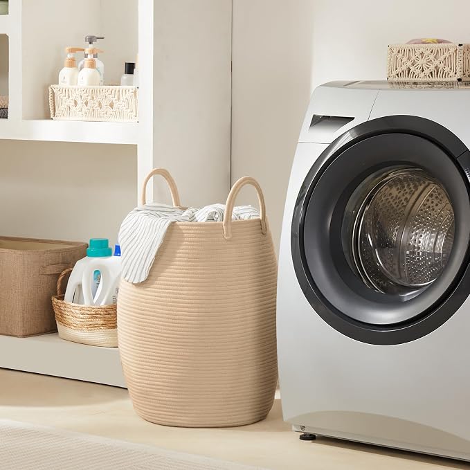 Large Laundry Hamper Basket 65L Woven Blanket Basket, Brown | Tall Clothes Hamper, Rope Wicker Laundry Basket, Storage Basket for Toys, Dirty Cothes in Bedroom, Living Room Organizer