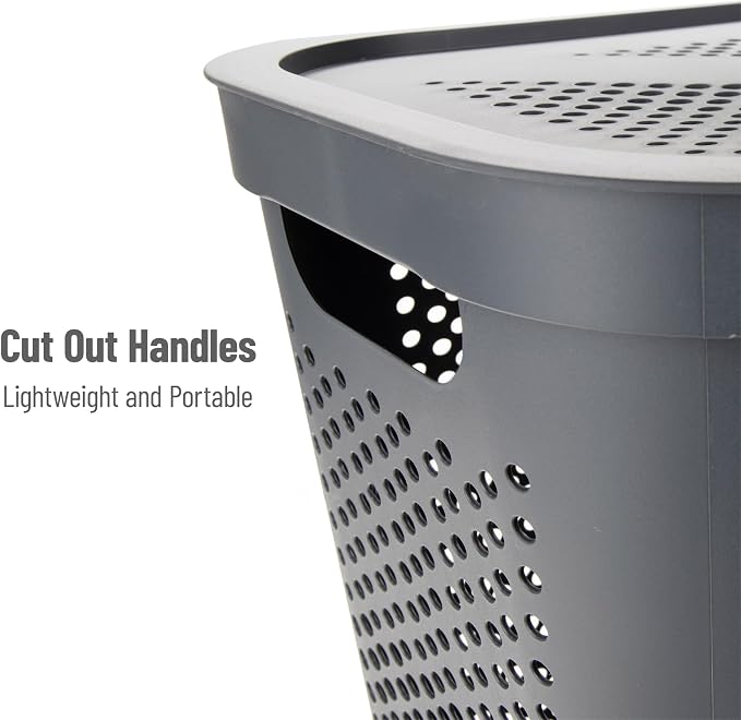 Mind Reader 60L Slim Laundry Hamper, Clothes Basket, Lid, Ventilated, Plastic, Set of 2, Gray
